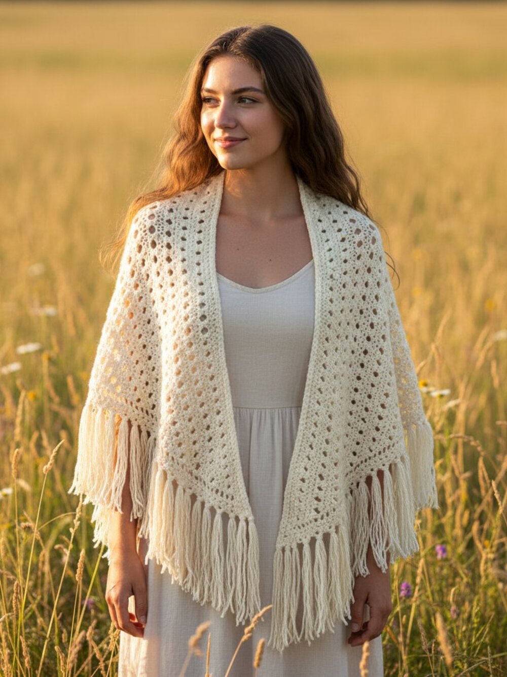 NEW Aran Hand Knitted Shawl Wrap Scarf Boho Hippie Fringe Artsy Cottage Fairy